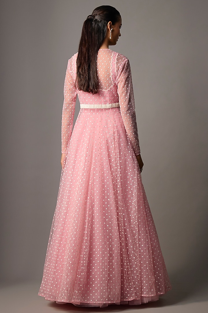 Powder Pink Net Embroidered Jacket Set by COUTURE BY NIHARIKA at Pernia's Pop Up Shop