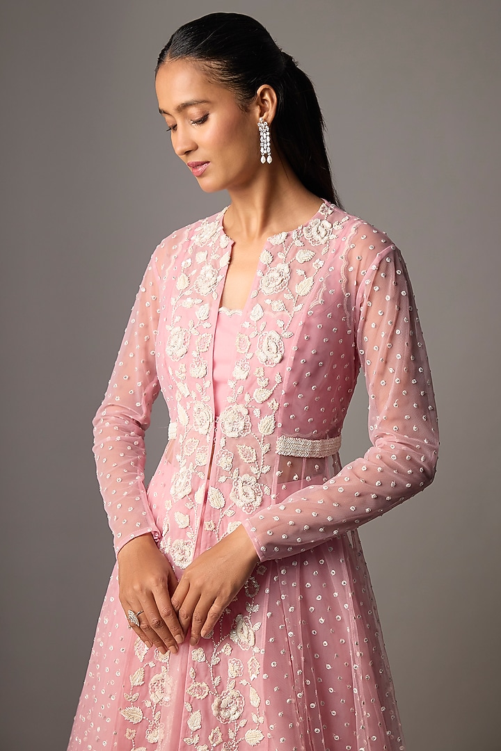 Powder Pink Net Embroidered Jacket Set by COUTURE BY NIHARIKA at Pernia's Pop Up Shop