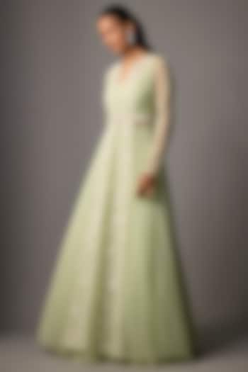 Mint Green Net Embroidered Jacket Set by COUTURE BY NIHARIKA at Pernia's Pop Up Shop