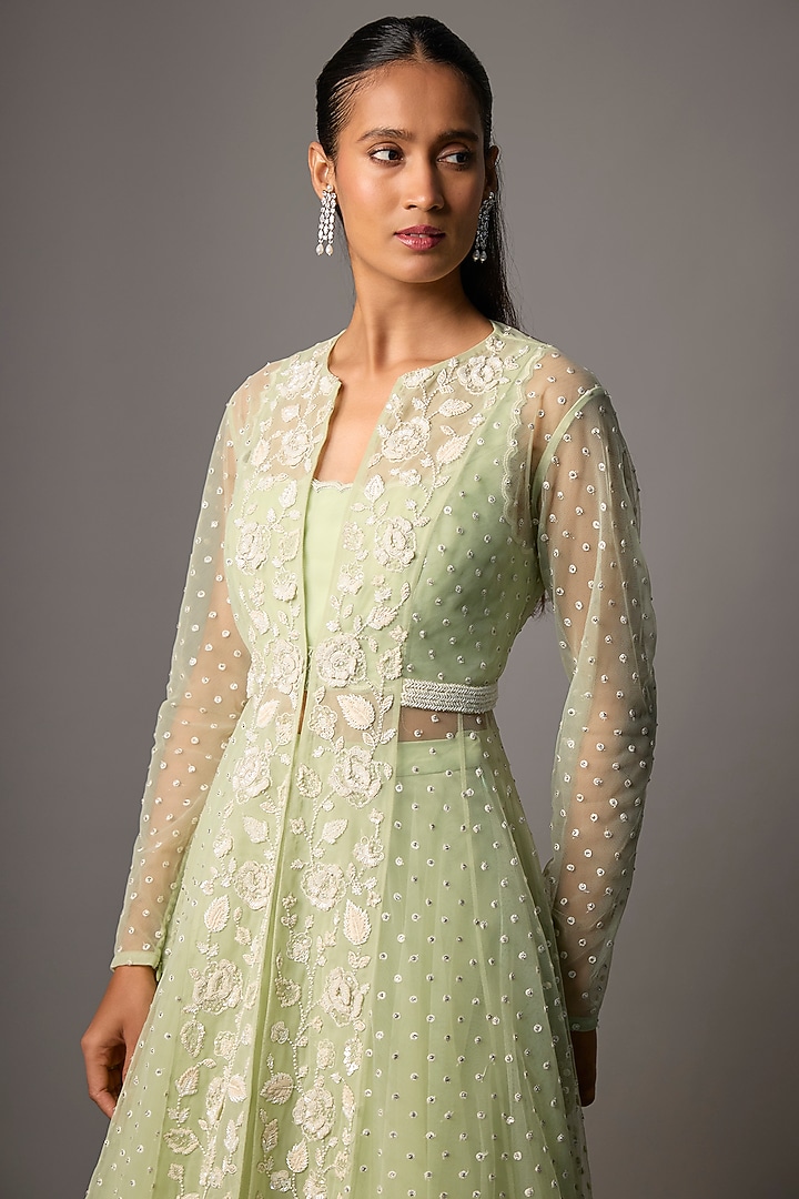 Mint Green Net Embroidered Jacket Set by COUTURE BY NIHARIKA at Pernia's Pop Up Shop