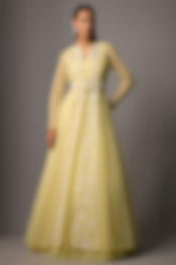 Powder Yellow Net Embroidered Jacket Set by COUTURE BY NIHARIKA at Pernia's Pop Up Shop