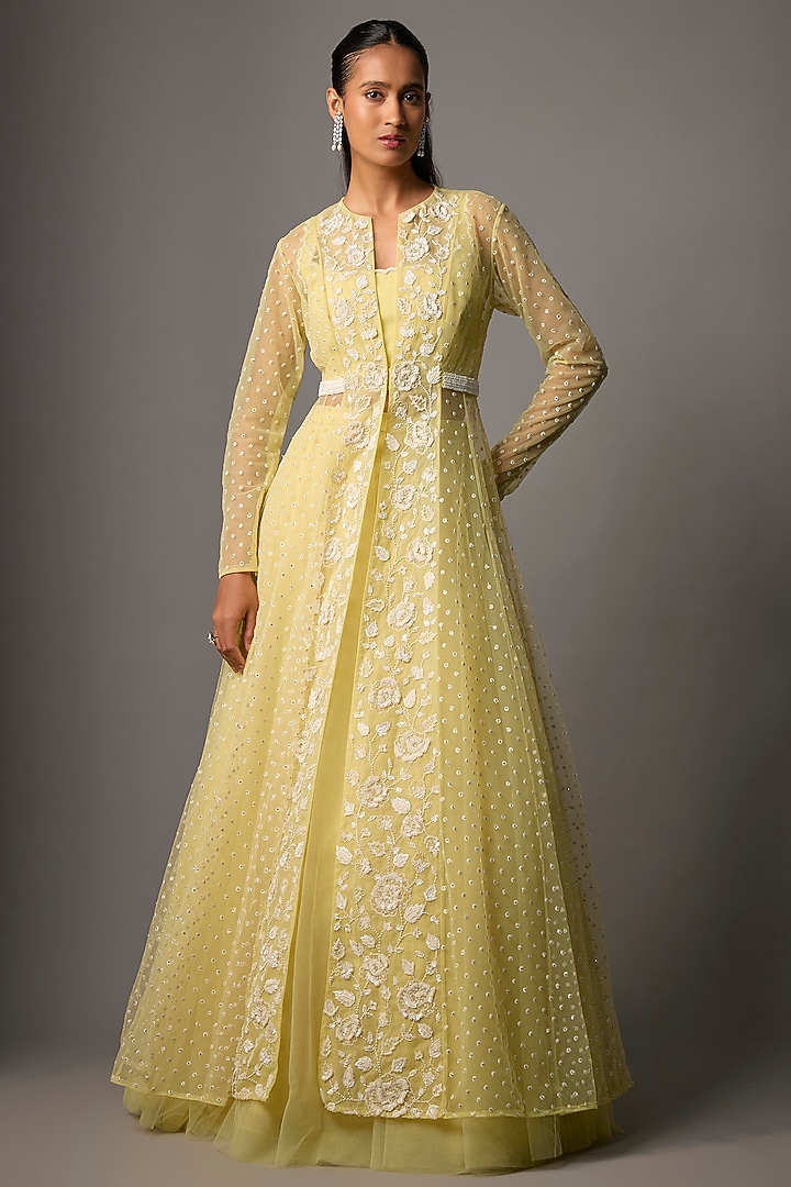 Powder Yellow Net Embroidered Jacket Set by COUTURE BY NIHARIKA at Pernia's Pop Up Shop