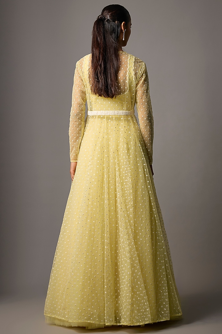 Powder Yellow Net Embroidered Jacket Set by COUTURE BY NIHARIKA at Pernia's Pop Up Shop