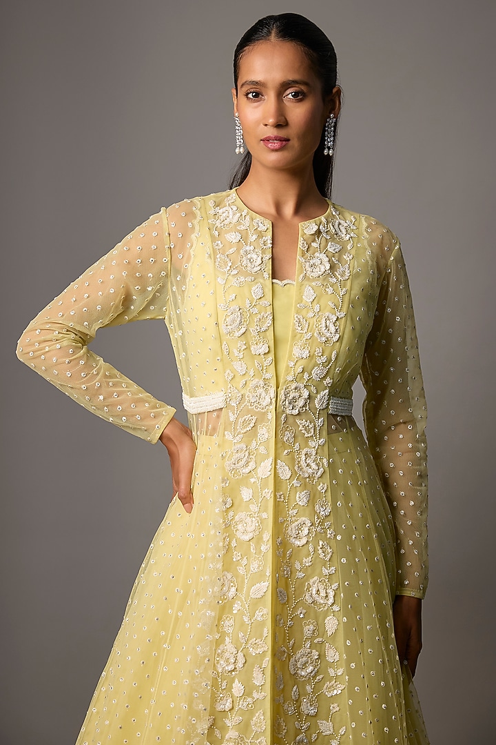Powder Yellow Net Embroidered Jacket Set by COUTURE BY NIHARIKA at Pernia's Pop Up Shop