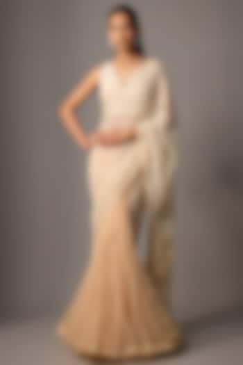 Beige Net Hand & Machine Embroidered Reception Lehenga Saree Set by COUTURE BY NIHARIKA at Pernia's Pop Up Shop