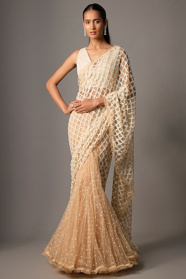 Beige Net Hand & Machine Embroidered Reception Lehenga Saree Set by COUTURE BY NIHARIKA at Pernia's Pop Up Shop