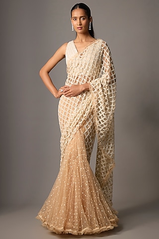 Beige Net Hand & Machine Embroidered Lehenga Saree Set by COUTURE BY NIHARIKA
