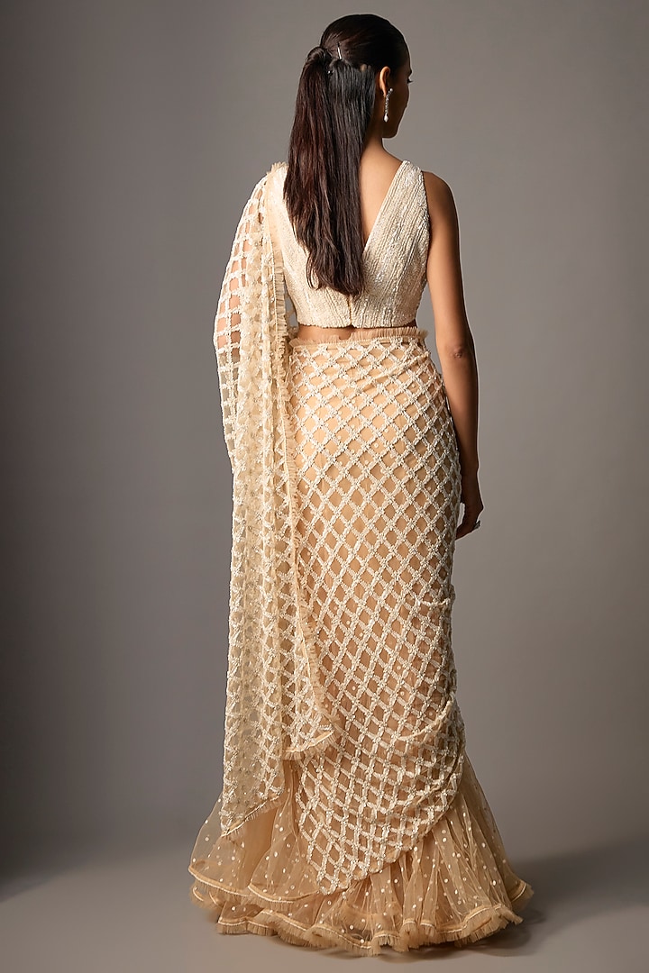 Beige Net Hand & Machine Embroidered Reception Lehenga Saree Set by COUTURE BY NIHARIKA at Pernia's Pop Up Shop