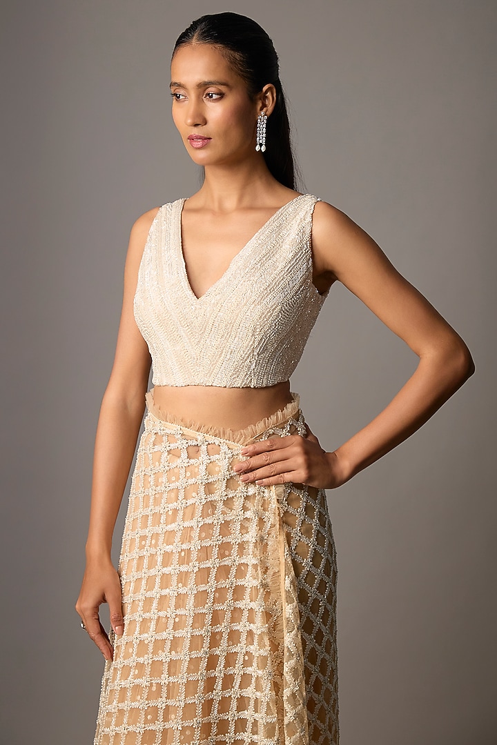 Beige Net Hand & Machine Embroidered Reception Lehenga Saree Set by COUTURE BY NIHARIKA at Pernia's Pop Up Shop