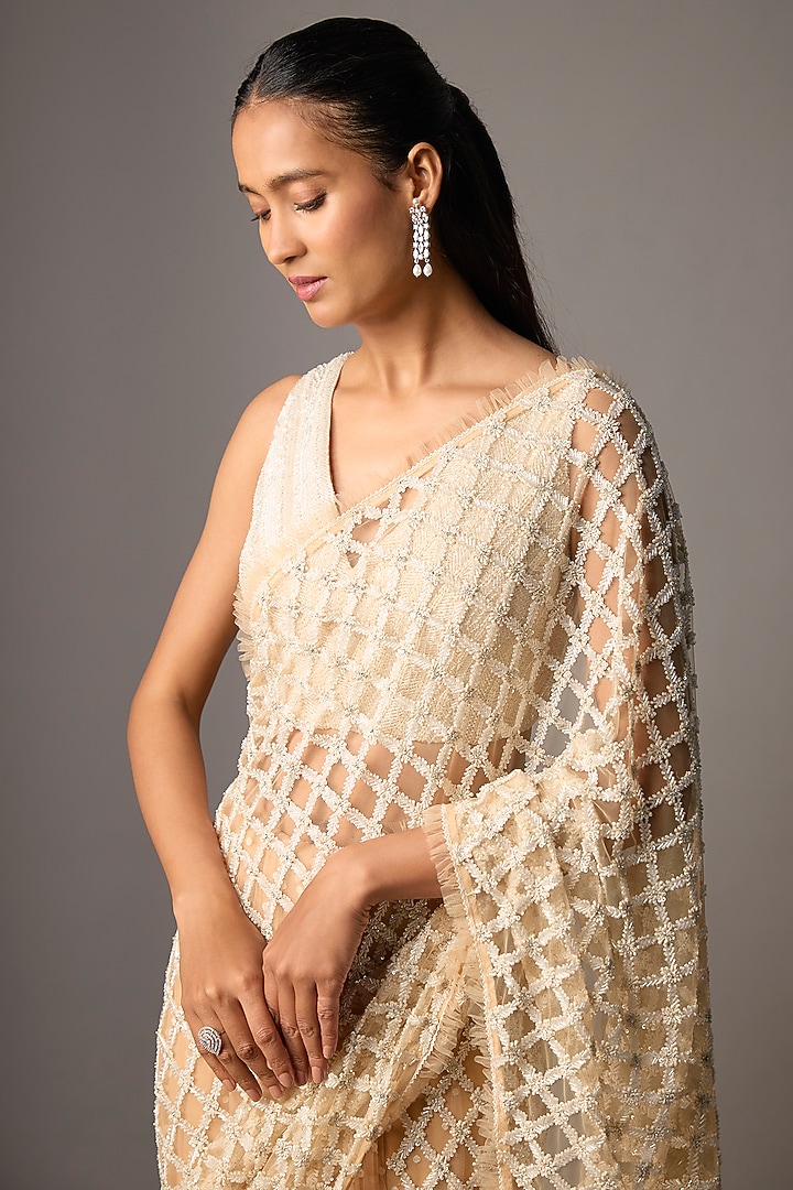 Beige Net Hand & Machine Embroidered Reception Lehenga Saree Set by COUTURE BY NIHARIKA at Pernia's Pop Up Shop