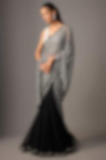 Black Net Hand & Machine Embroidered Reception Lehenga Saree Set by COUTURE BY NIHARIKA at Pernia's Pop Up Shop