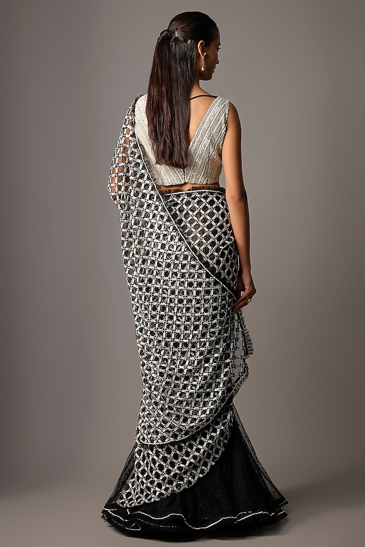 Black Net Hand & Machine Embroidered Reception Lehenga Saree Set by COUTURE BY NIHARIKA at Pernia's Pop Up Shop
