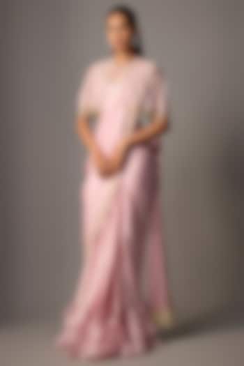 Powder Pink Satin Georgette Floral Embroidered Draped Wedding Saree Set by COUTURE BY NIHARIKA at Pernia's Pop Up Shop