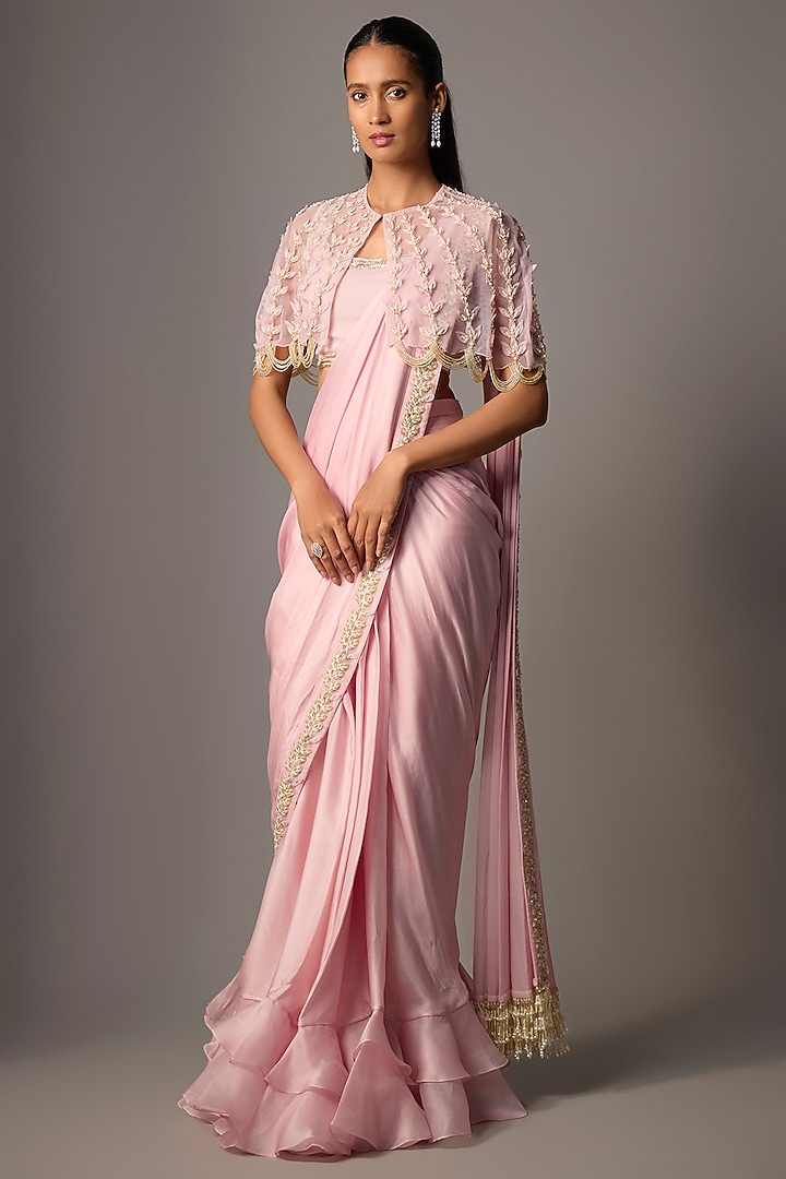 Powder Pink Satin Georgette Floral Embroidered Draped Wedding Saree Set by COUTURE BY NIHARIKA at Pernia's Pop Up Shop