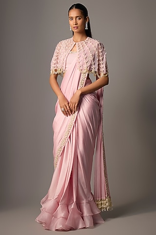 Powder Pink Satin Georgette Floral Embroidered Draped Saree Set by COUTURE BY NIHARIKA