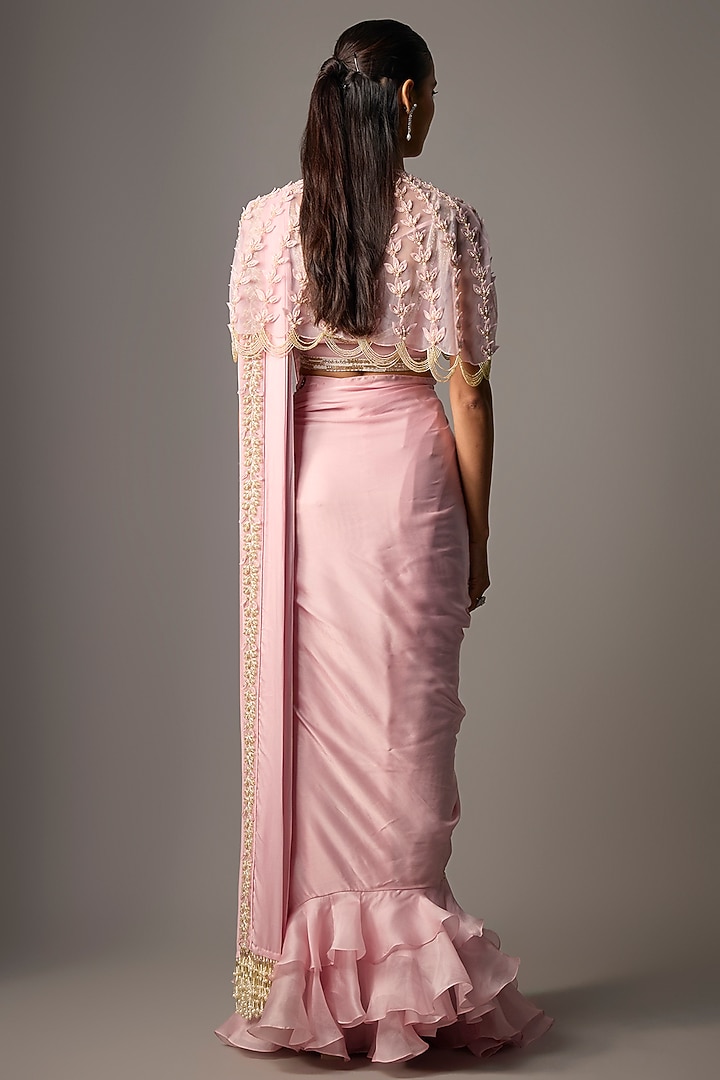 Powder Pink Satin Georgette Floral Embroidered Draped Wedding Saree Set by COUTURE BY NIHARIKA at Pernia's Pop Up Shop