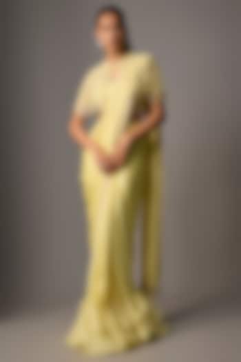 Powder Yellow Satin Georgette Floral Embroidered Draped Wedding Saree Set by COUTURE BY NIHARIKA at Pernia's Pop Up Shop