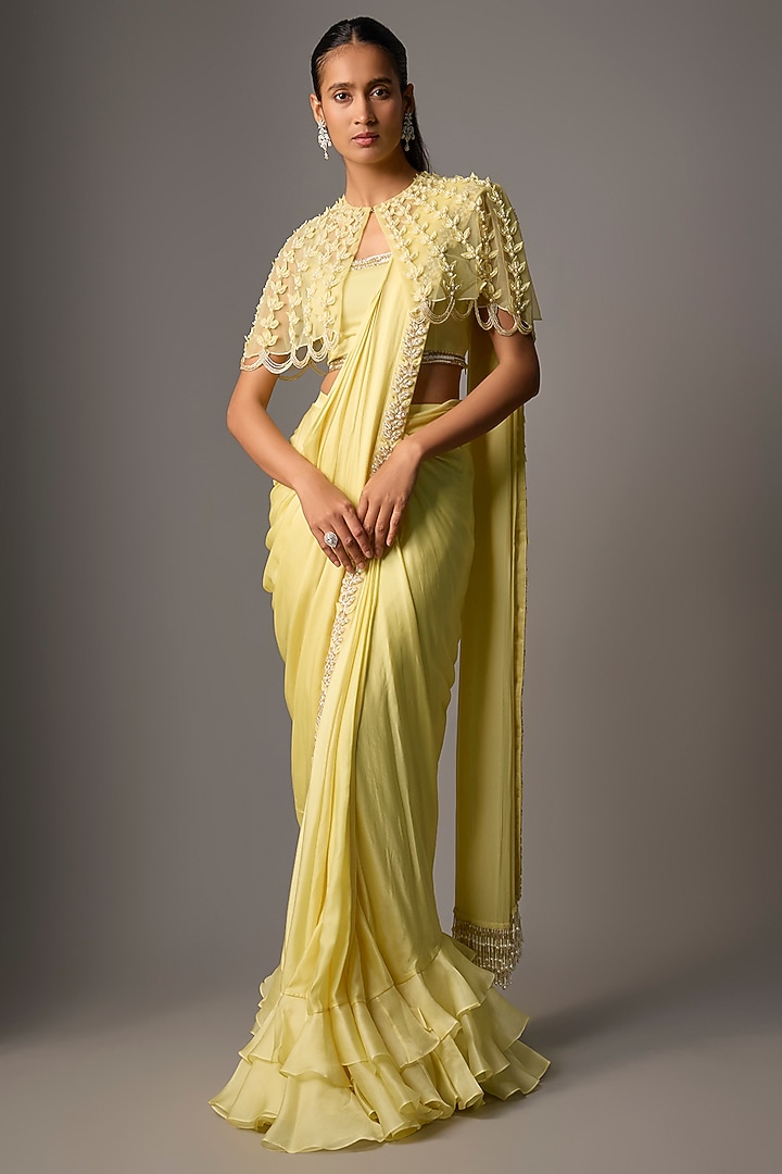 Powder Yellow Satin Georgette Floral Embroidered Draped Wedding Saree Set by COUTURE BY NIHARIKA at Pernia's Pop Up Shop