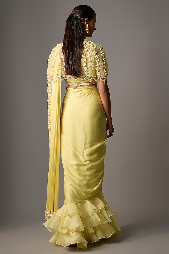 Powder Yellow Satin Georgette Floral Embroidered Draped Wedding Saree Set by COUTURE BY NIHARIKA at Pernia's Pop Up Shop