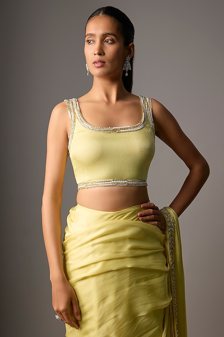 Powder Yellow Satin Georgette Floral Embroidered Draped Wedding Saree Set by COUTURE BY NIHARIKA at Pernia's Pop Up Shop
