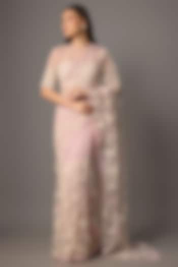 Powder Pink Net Aari Embroidered Reception Saree Set by COUTURE BY NIHARIKA at Pernia's Pop Up Shop