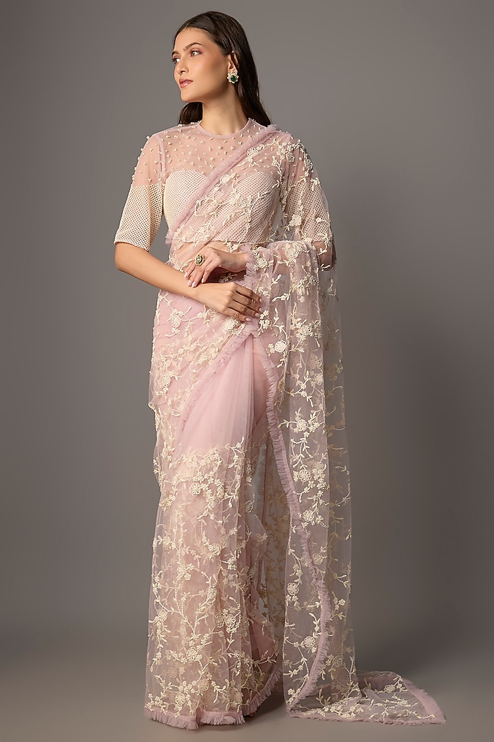 Powder Pink Net Aari Embroidered Reception Saree Set by COUTURE BY NIHARIKA at Pernia's Pop Up Shop
