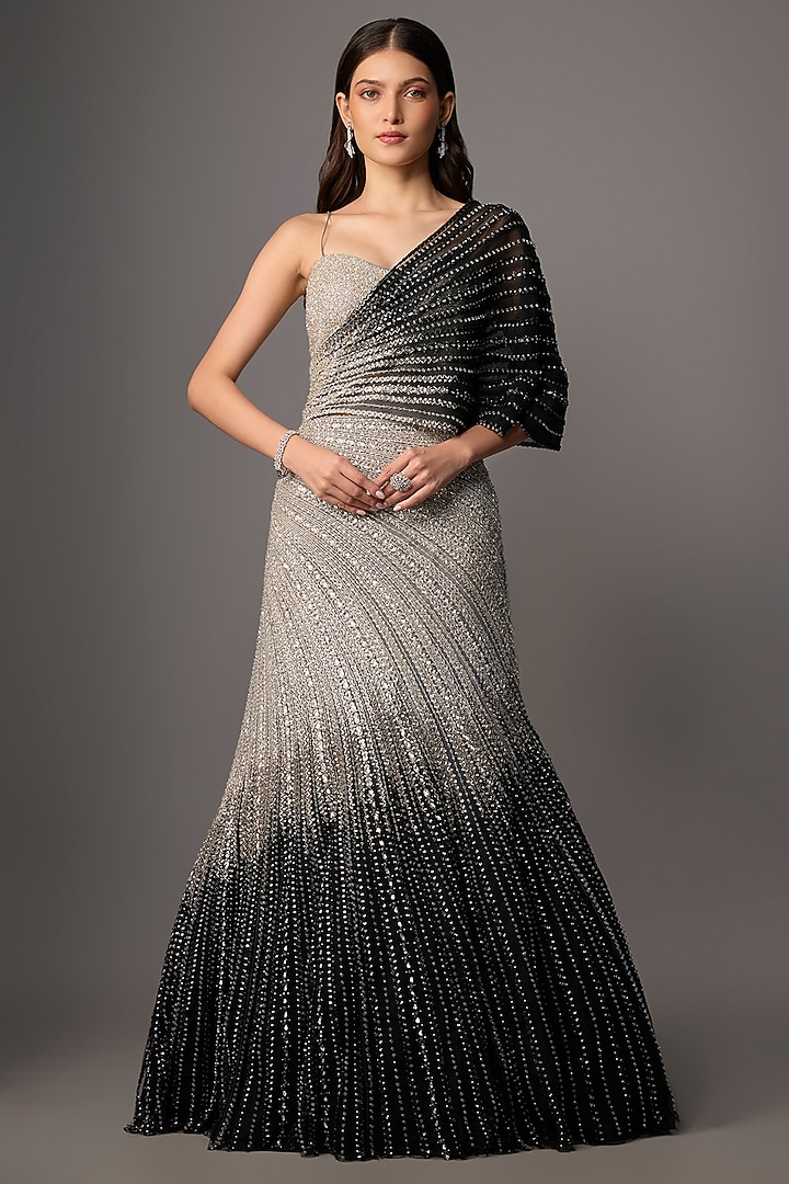 Grey & Black Net Hand Embroidered Bridal Lehenga Set by COUTURE BY NIHARIKA at Pernia's Pop Up Shop