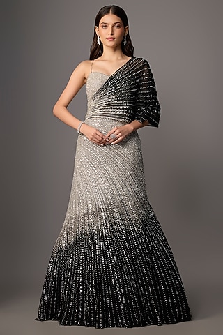 Grey & Black Net Hand Embroidered Lehenga Set by COUTURE BY NIHARIKA