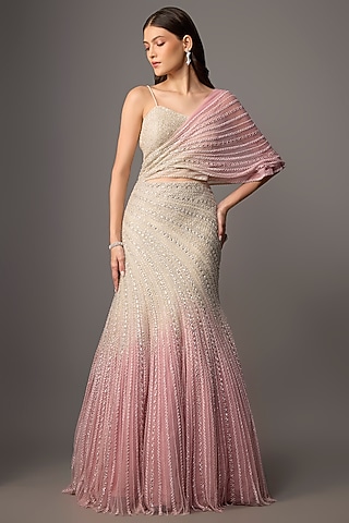 Silver & Lavender Net Hand Embroidered Lehenga Set by COUTURE BY NIHARIKA
