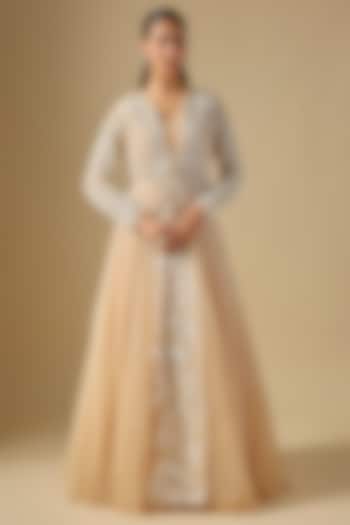 Peach Net Embroidered Skirt Set by COUTURE BY NIHARIKA at Pernia's Pop Up Shop