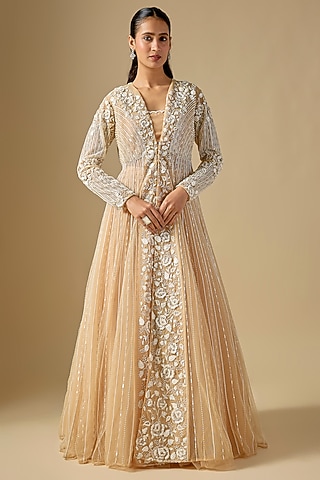 Peach Net Embroidered Skirt Set by COUTURE BY NIHARIKA