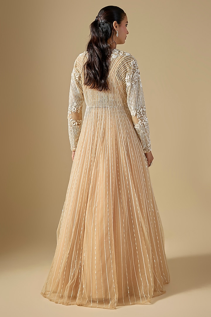 Peach Net Embroidered Skirt Set by COUTURE BY NIHARIKA at Pernia's Pop Up Shop