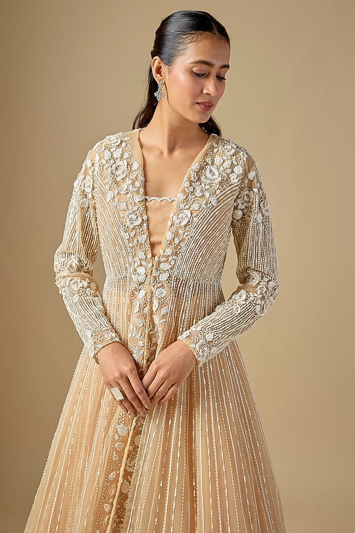 Peach Net Embroidered Skirt Set by COUTURE BY NIHARIKA at Pernia's Pop Up Shop