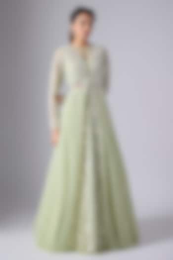 Mint Green Taiwan Net Floral Embroidered Gathered Kali Jacket Set by COUTURE BY NIHARIKA at Pernia's Pop Up Shop