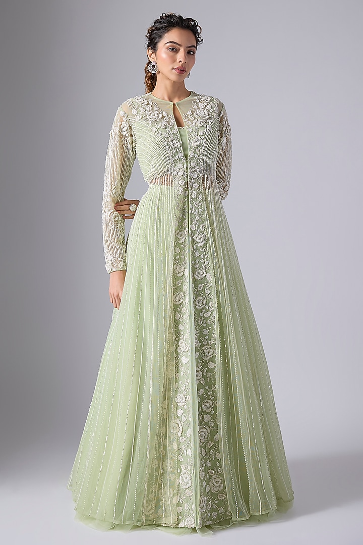 Mint Green Taiwan Net Floral Embroidered Gathered Kali Jacket Set by COUTURE BY NIHARIKA at Pernia's Pop Up Shop