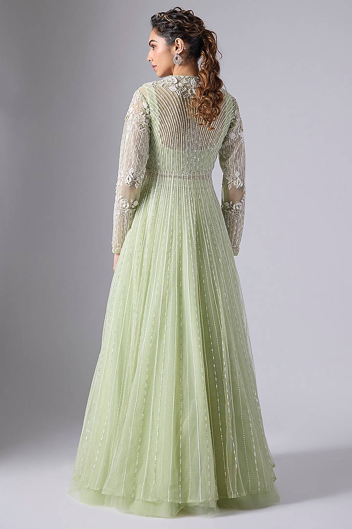 Mint Green Taiwan Net Floral Embroidered Gathered Kali Jacket Set by COUTURE BY NIHARIKA at Pernia's Pop Up Shop