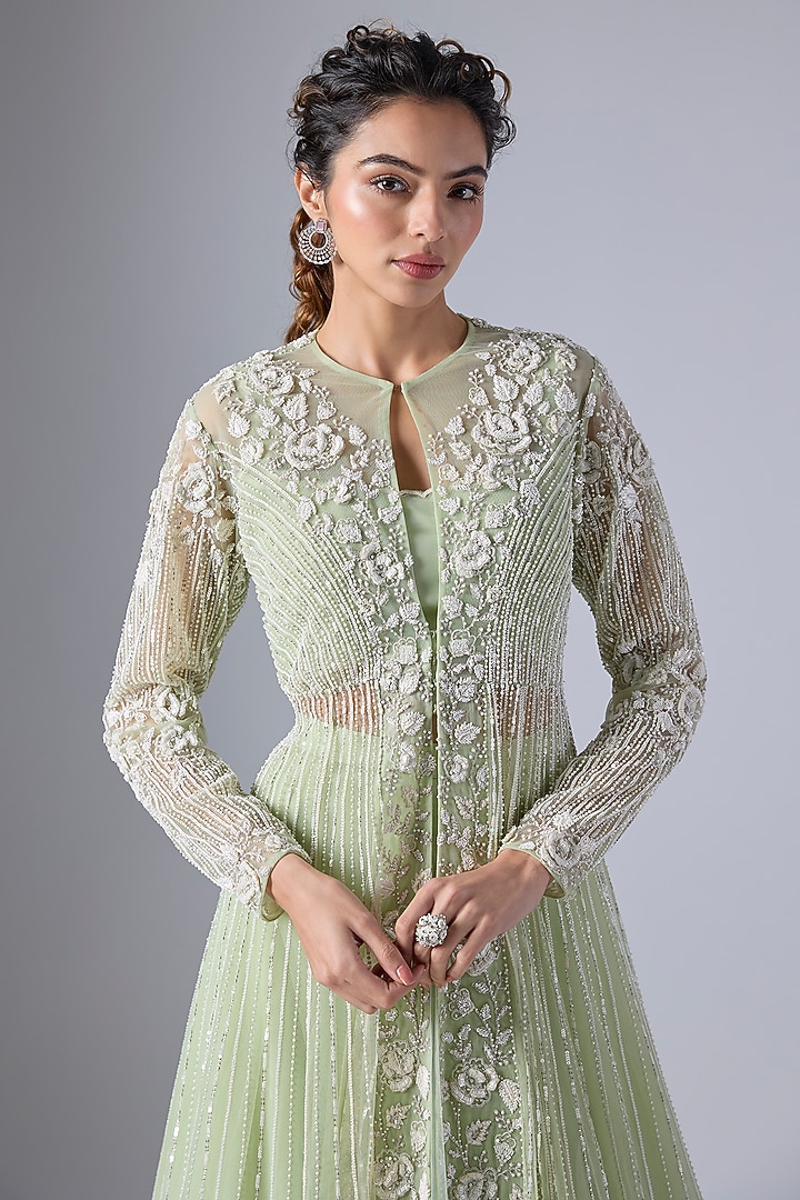 Mint Green Taiwan Net Floral Embroidered Gathered Kali Jacket Set by COUTURE BY NIHARIKA at Pernia's Pop Up Shop