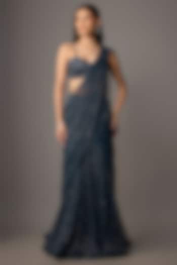 Navy Blue Net & Organza Hand Embroidered Reception Saree Set by COUTURE BY NIHARIKA at Pernia's Pop Up Shop