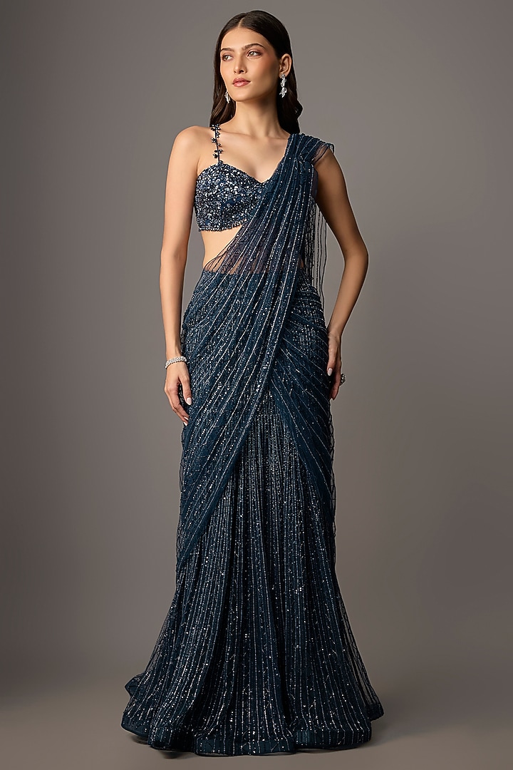 Navy Blue Net & Organza Hand Embroidered Reception Saree Set by COUTURE BY NIHARIKA at Pernia's Pop Up Shop