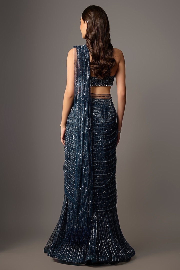 Navy Blue Net & Organza Hand Embroidered Reception Saree Set by COUTURE BY NIHARIKA at Pernia's Pop Up Shop