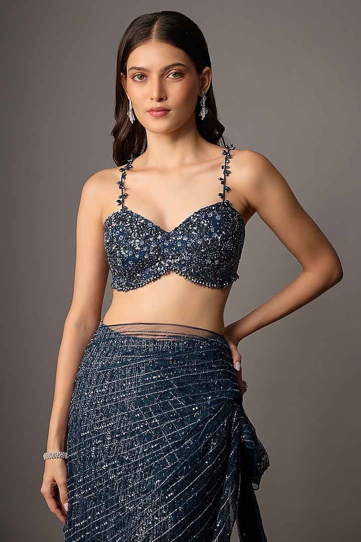 Navy Blue Net & Organza Hand Embroidered Reception Saree Set by COUTURE BY NIHARIKA at Pernia's Pop Up Shop
