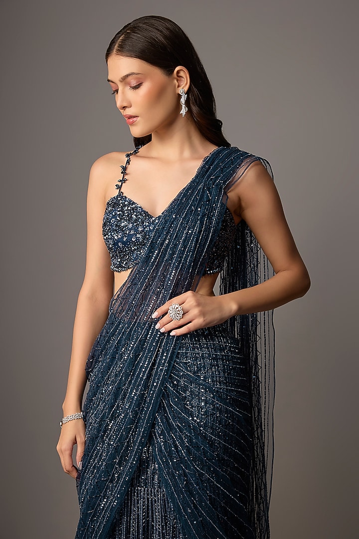 Navy Blue Net & Organza Hand Embroidered Reception Saree Set by COUTURE BY NIHARIKA at Pernia's Pop Up Shop