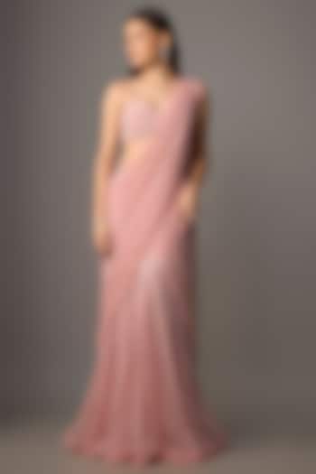 Powder Pink Net & Organza Hand Embroidered Reception Saree Set by COUTURE BY NIHARIKA at Pernia's Pop Up Shop