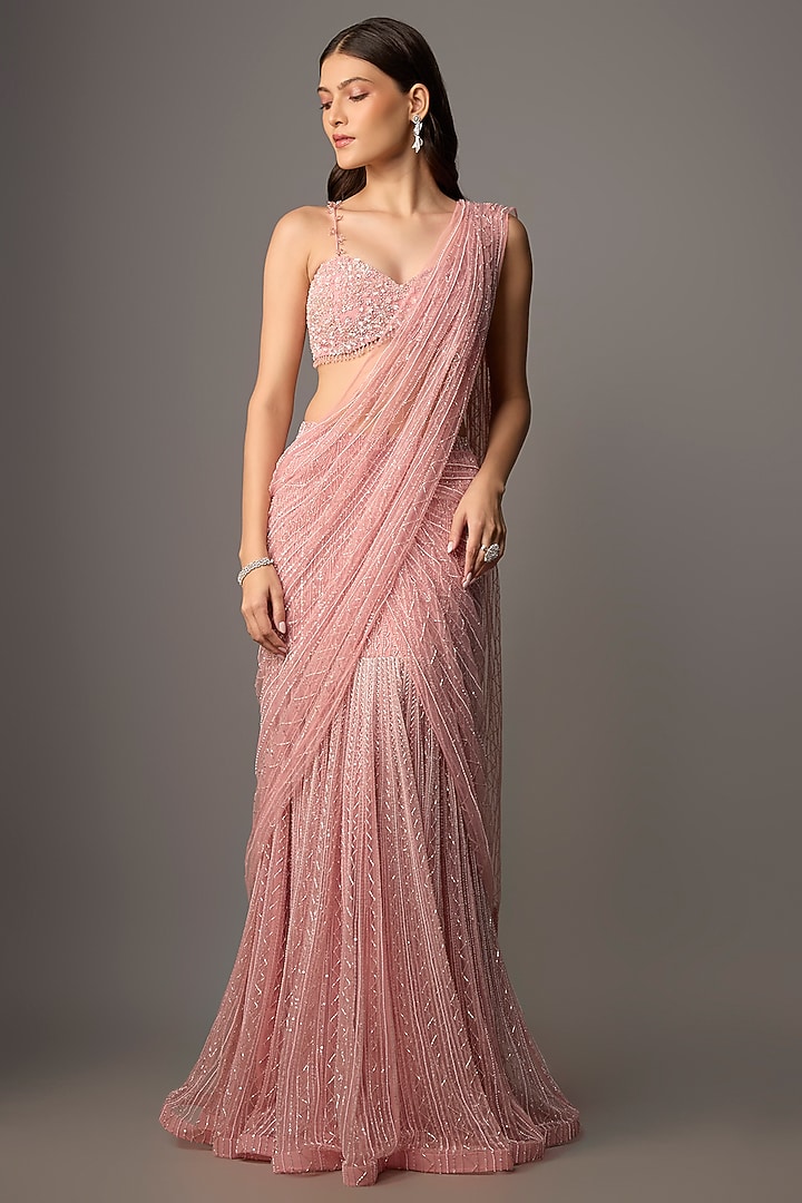Powder Pink Net & Organza Hand Embroidered Reception Saree Set by COUTURE BY NIHARIKA at Pernia's Pop Up Shop