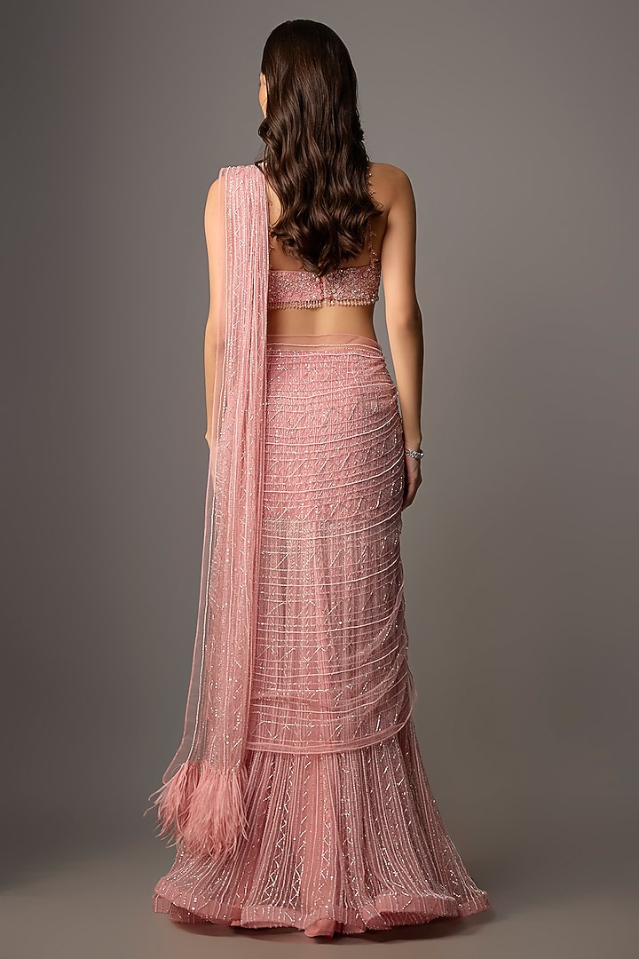Powder Pink Net & Organza Hand Embroidered Reception Saree Set by COUTURE BY NIHARIKA at Pernia's Pop Up Shop