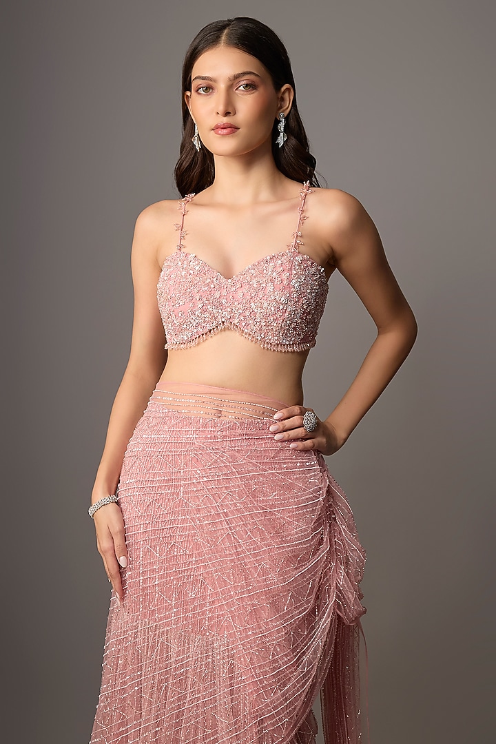 Powder Pink Net & Organza Hand Embroidered Reception Saree Set by COUTURE BY NIHARIKA at Pernia's Pop Up Shop