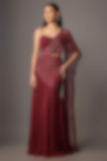 Red Net Organza Gathered Skirt Wedding Saree Set by COUTURE BY NIHARIKA at Pernia's Pop Up Shop