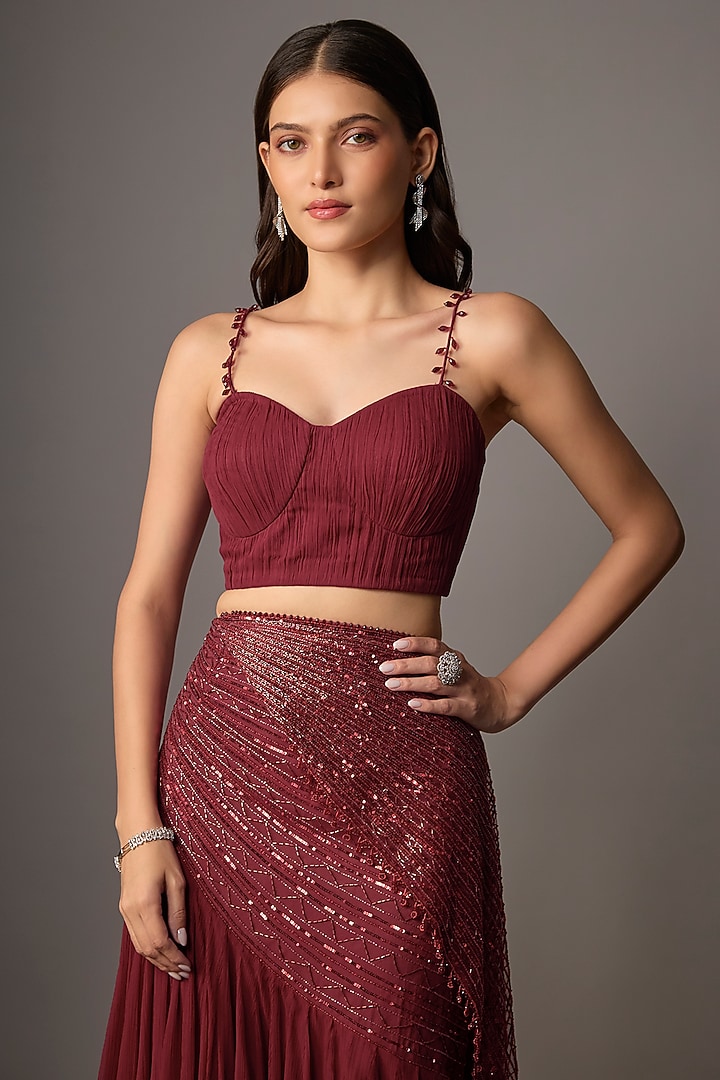 Red Net Organza Gathered Skirt Wedding Saree Set by COUTURE BY NIHARIKA at Pernia's Pop Up Shop