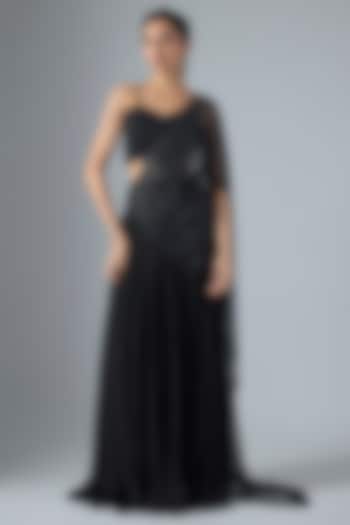 Black Net Organza Scalloped Embroidered Gathered Skirt Wedding Saree Set by COUTURE BY NIHARIKA at Pernia's Pop Up Shop