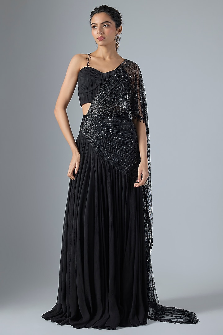 Black Net Organza Scalloped Embroidered Gathered Skirt Wedding Saree Set by COUTURE BY NIHARIKA at Pernia's Pop Up Shop